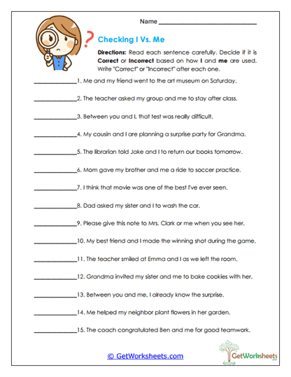 Checking I vs. Me Worksheet