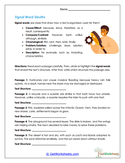 Identifying Text Structures Worksheets