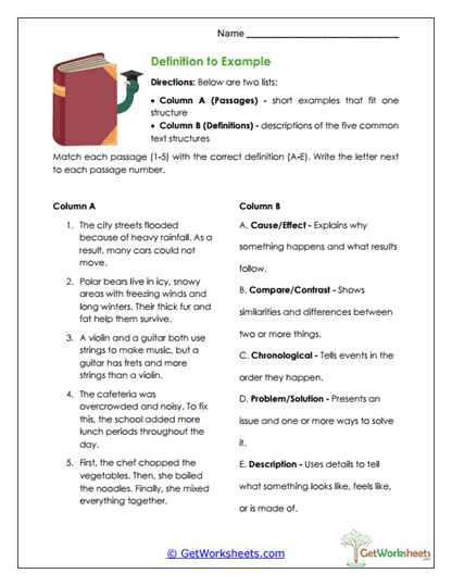 Definition to Example Worksheet