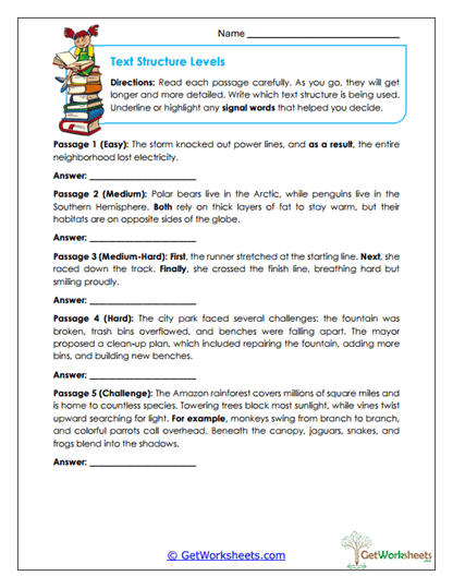 Text Structure Levels Worksheet