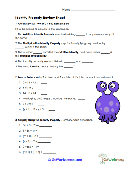 Identity Property Review Worksheet