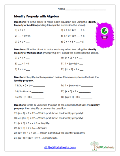 Property with Algebra Worksheet