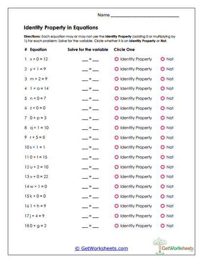 Property in Equations Worksheet