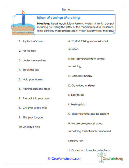 Idiom Meanings Matching Worksheet