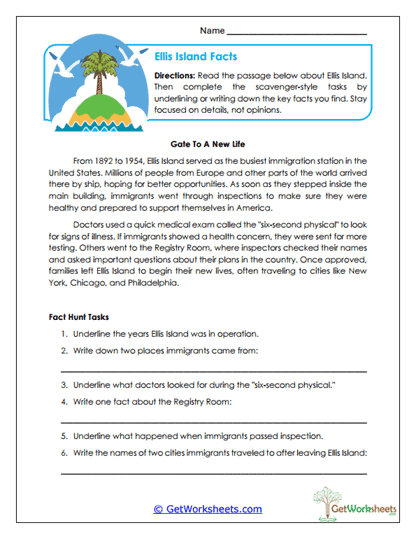 Ellis Island Facts Worksheet