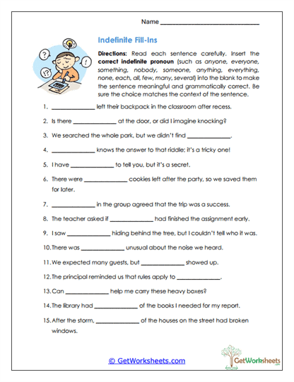 Indefinite Pronoun Worksheets