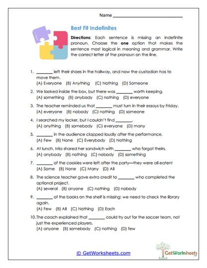 Best Fit Indefinites Worksheet