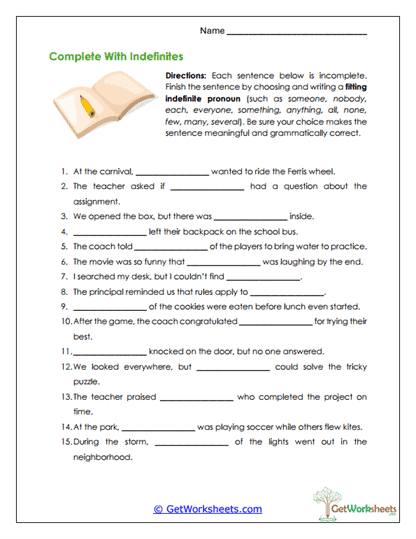 Complete with Indefinites Worksheet