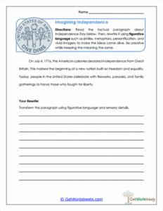 Compiling Independence Imagining Independence Worksheet - Figurative Language Writing