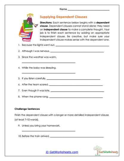 Supplying Dependent Clauses Worksheet