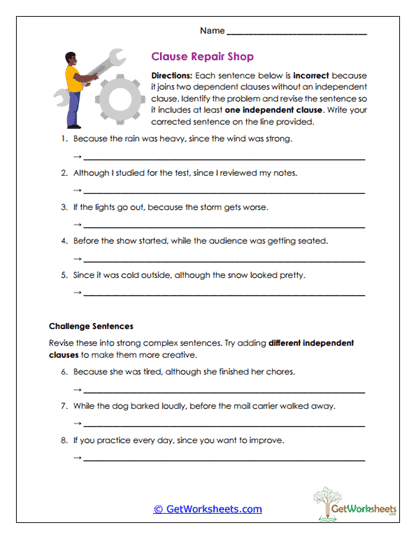Clause Repair Shop Worksheet