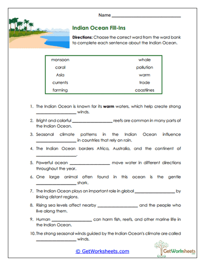 Ocean Fill-Ins Worksheet