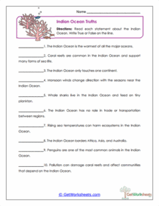 Ocean Truths Worksheet - Indian Ocean Facts & Critical Reading