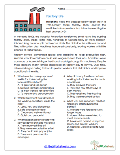 Factory Life Worksheet