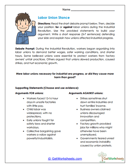 Labor Union Stance Worksheet