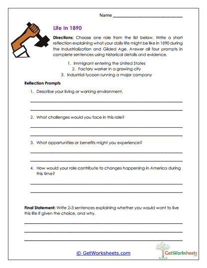 Life in 1890 Worksheet