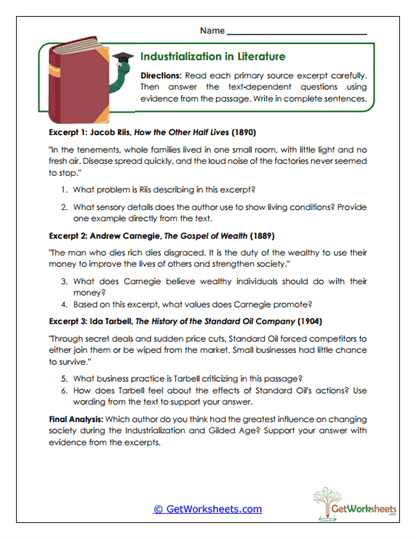Industrialization in Literature Worksheet