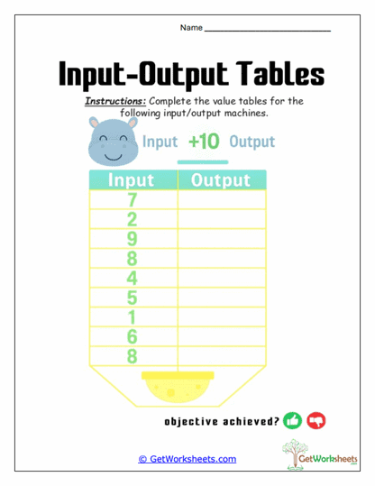 Hippo Plus-Ten Table Worksheet