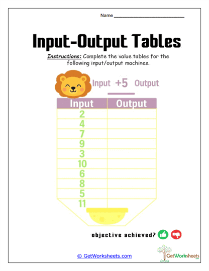 Lion Plus-Five Table Worksheet