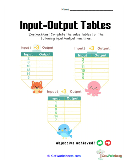 Animal Add-Three Tables Worksheet