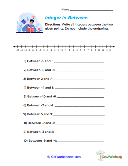 Integer In-Between Worksheet