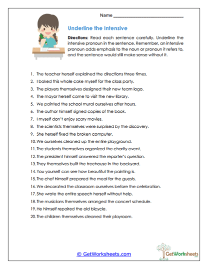 Underline the Intensive Worksheet