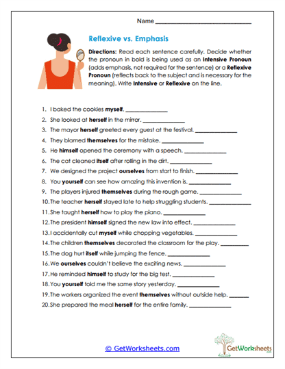 Reflexive vs. Emphasis Worksheet