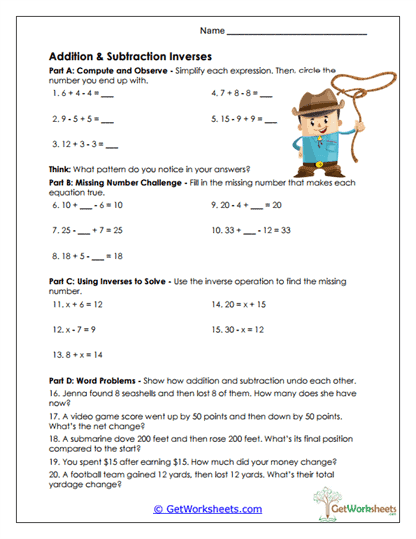 Addition & Subtraction Inverses Worksheet