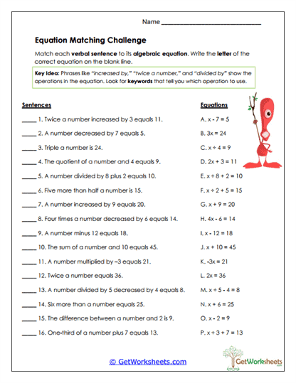 Equation Matching Challenge Worksheet