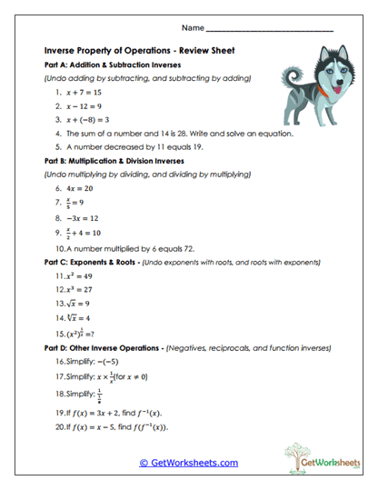 Inverse Operations Review Worksheet