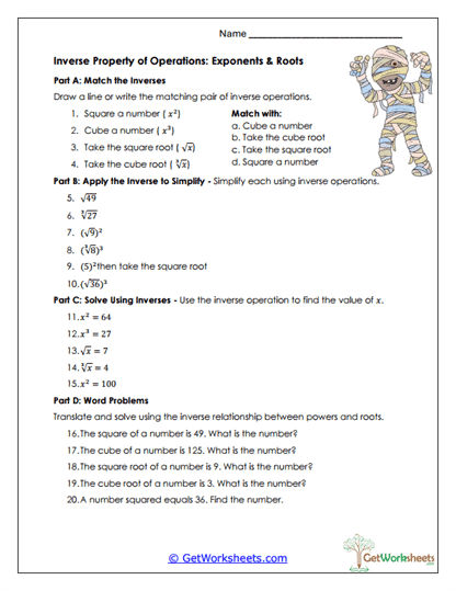 Exponents & Roots Inverses Worksheet