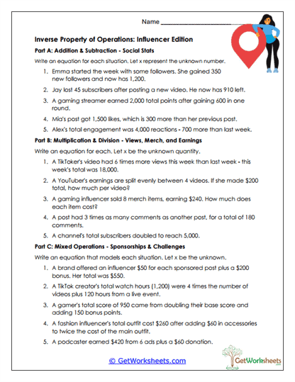 Influencer Inverse Operations Worksheet