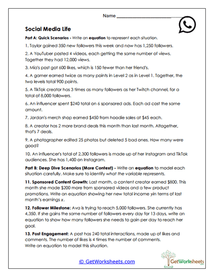 Social Media Equations Worksheet