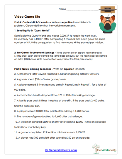 Video Game Equations Worksheet