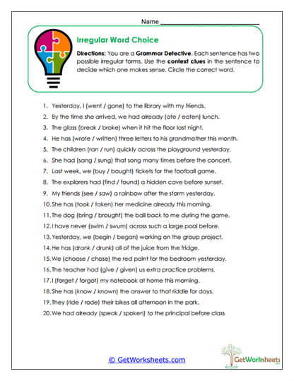 Irregular Word Choice Worksheet