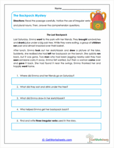 The Backpack Mystery Worksheet - Reading Comprehension with Irregular Verbs