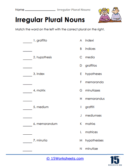 Matching Advanced Plurals Worksheet