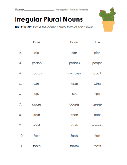 Choosing Correct Plurals Worksheet