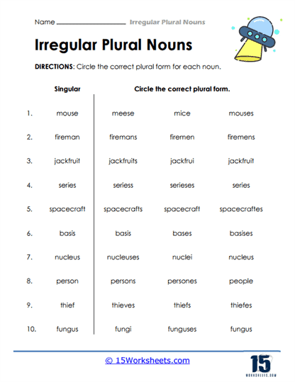 Selecting Correct Irregular Plurals Worksheet