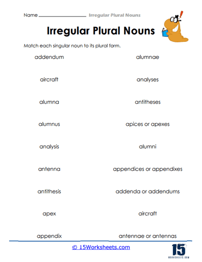 Matching Singular to Plural Worksheet