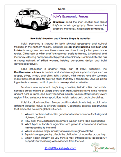 Economic Geography Worksheet