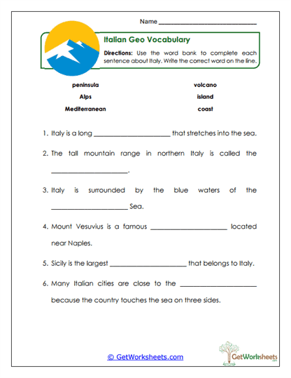 Geo Vocabulary Italy Worksheet
