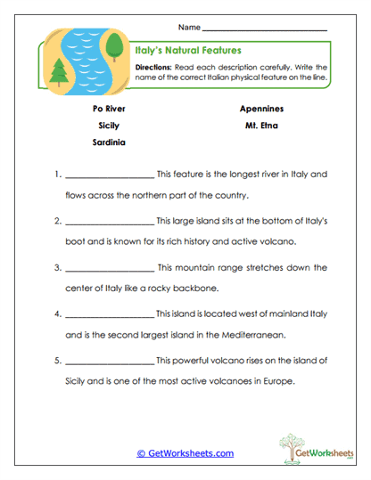 Natural Features Worksheet