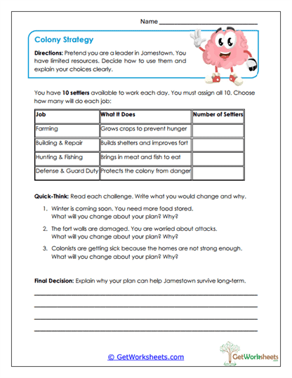 Jamestown Settlement Worksheets