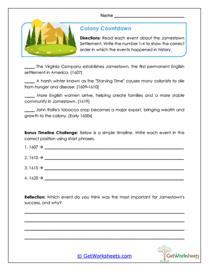 Colony Countdown Worksheet