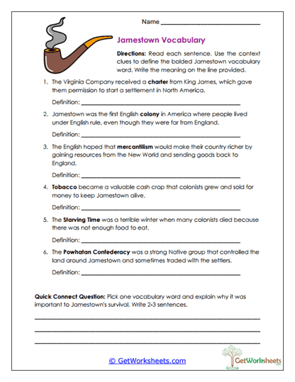 Jamestown Vocabulary Worksheet