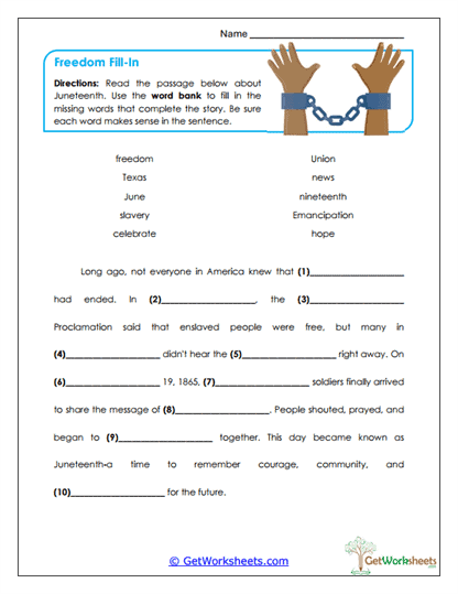 Freedom Fill-In Worksheet
