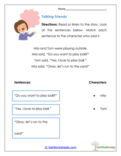 Character Dialogue Match Worksheet