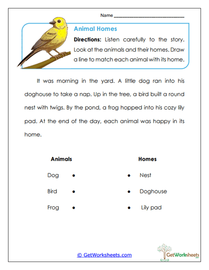 Animal Homes Match Worksheet
