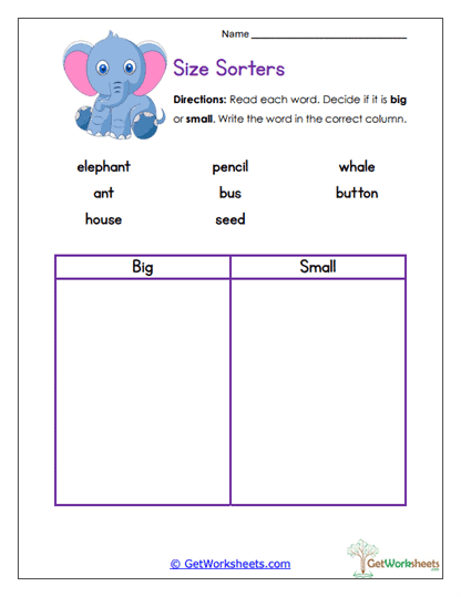 Size Sorters Worksheet - Big vs Small Vocabulary Worksheet